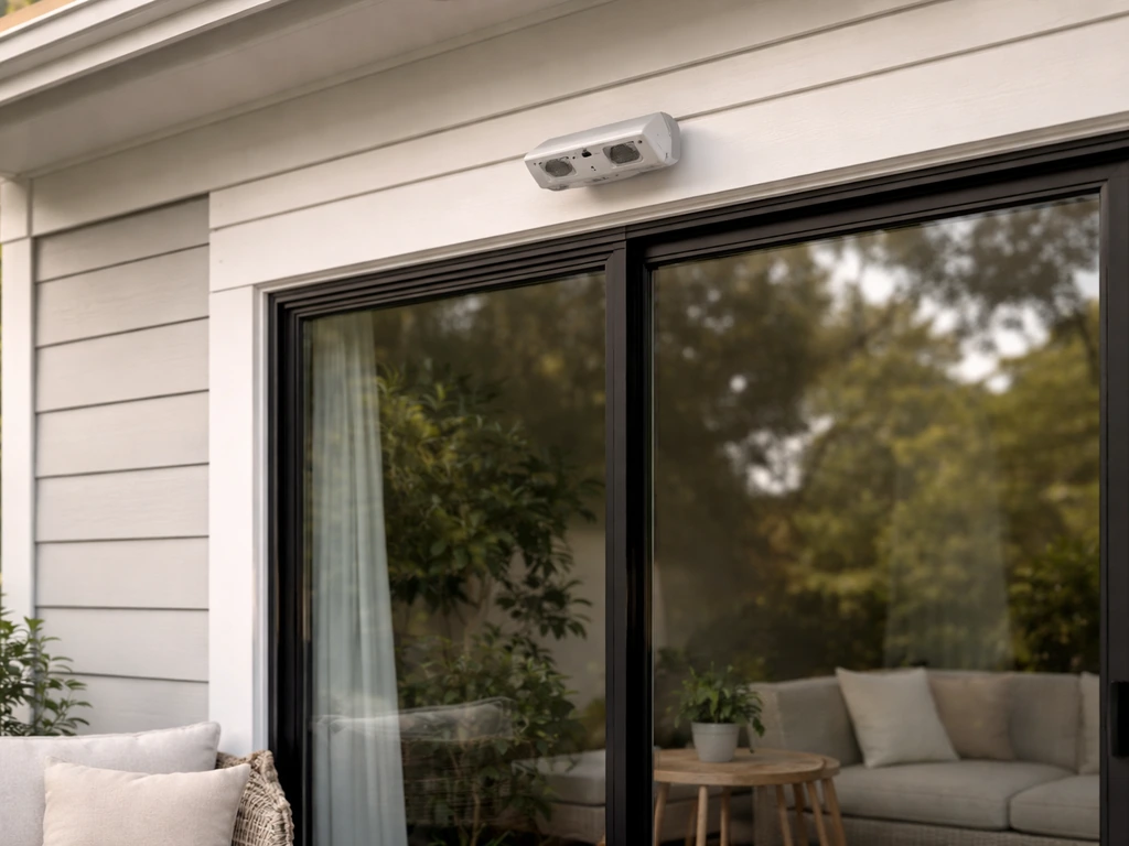 Bird-deterrent device mounted above a patio-facing window, angled outward to deter birds from flying into glass.