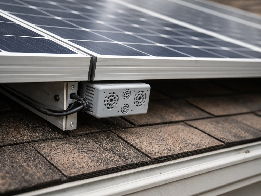 Solar panel frame on a roof with an ultrasonic bird deterrent unit mounted near the underside.