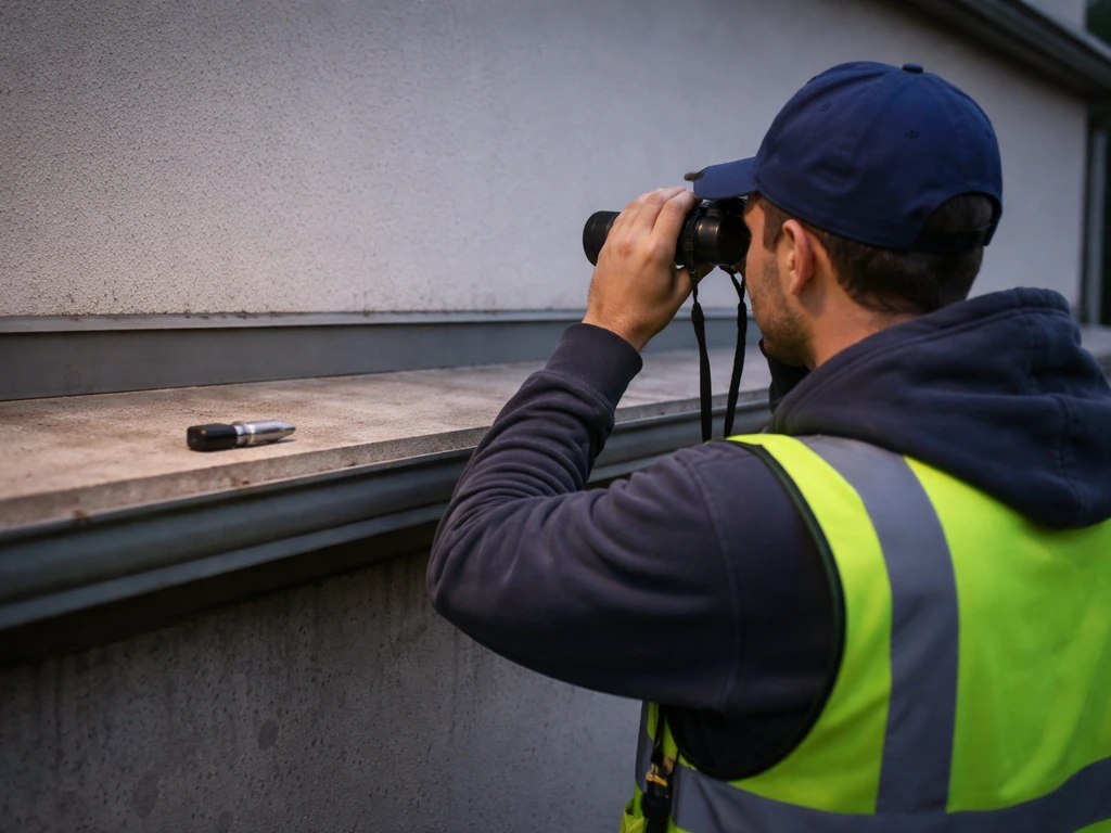 Installer using binoculars to spot where birds land on a building ledge outdoors