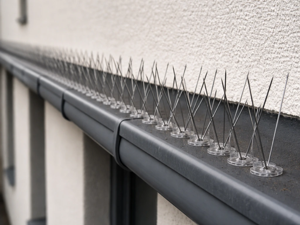 Close view of anti-perch spikes installed along a building ledge under natural daylight.