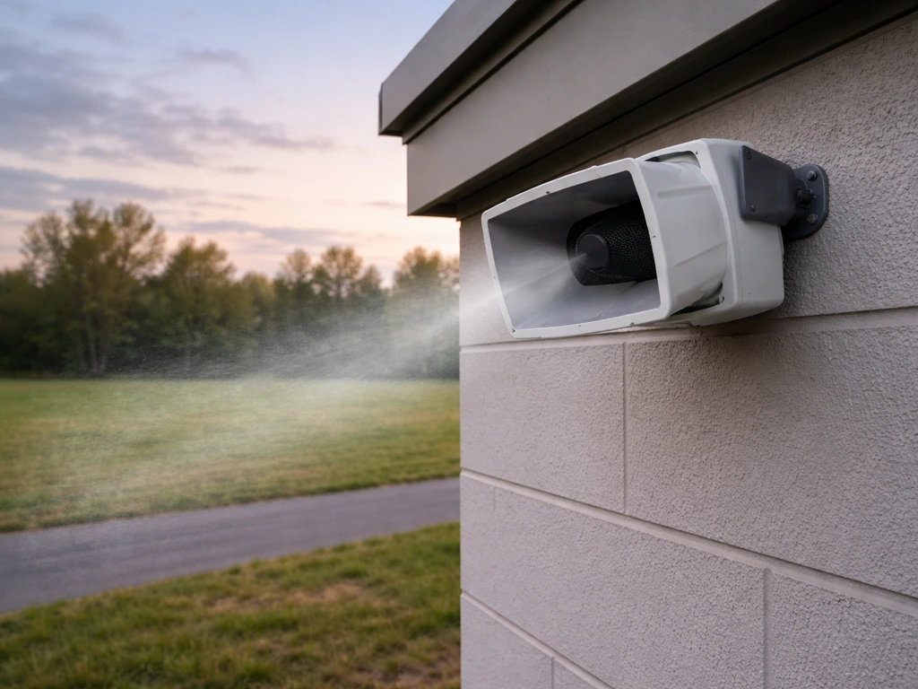 Outdoor sonic deterrent device mounted on a wall, pointed across an open field area at dusk.