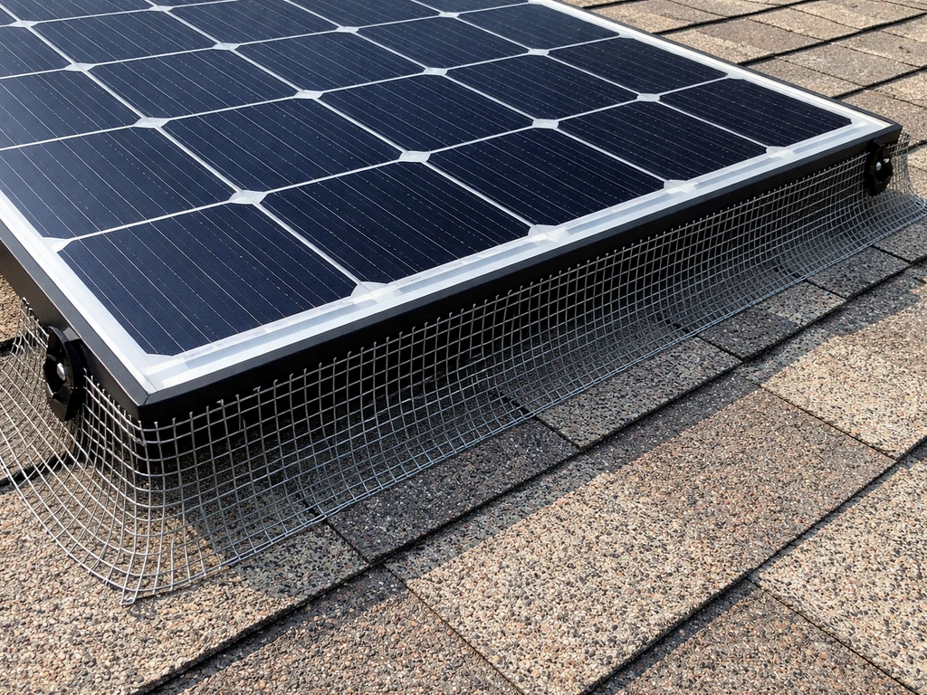 Close-up of a solar panel with a wire mesh skirt fitted along the edges to block bird nesting.
