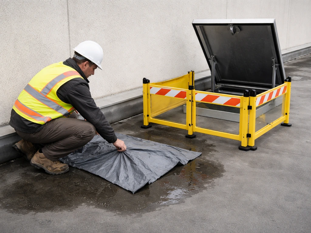 Anonymous worker covering standing water and blocking an accessible roof opening on a building audit.