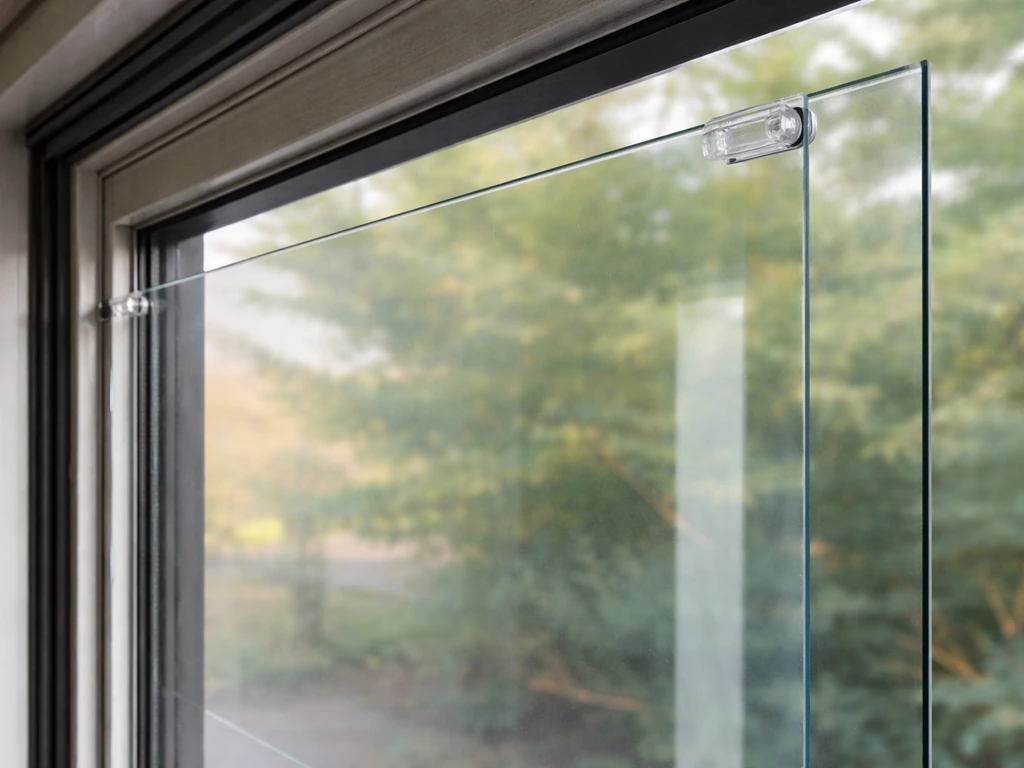 Close-up of transparent window film mounted with clips, showing a small gap from the glass surface.