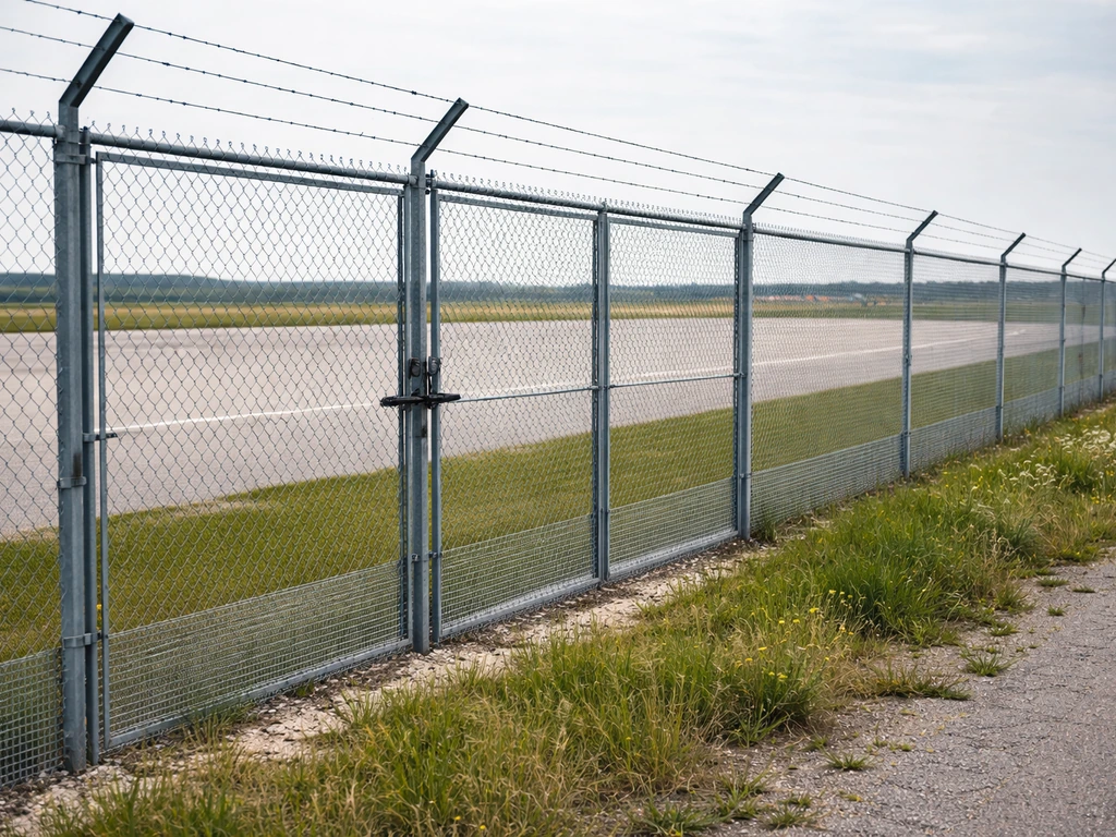 Airfield perimeter with wildlife exclusion mesh fence and gate near a wide open runway area.