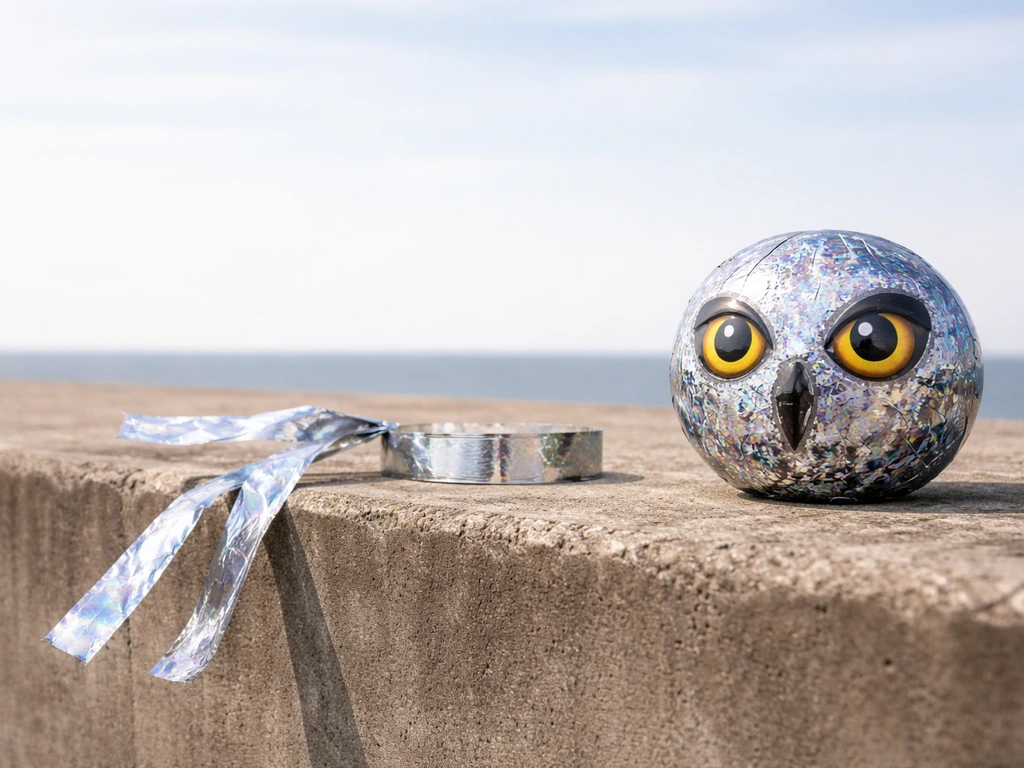 Reflective tape and a patterned scare balloon-like device placed on a ledge in an open outdoor area