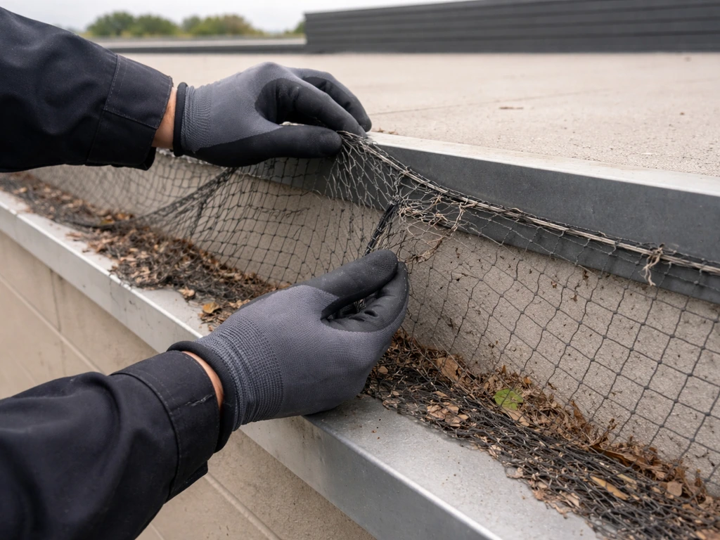 Technician inspecting bird netting at a roof edge for tears, debris, and worn attachment points.