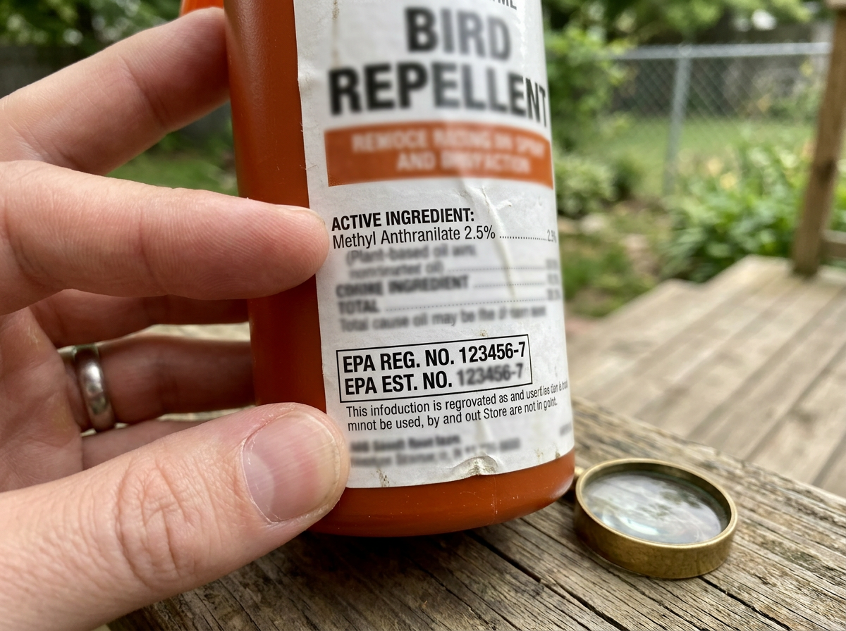 Reading a bird repellent spray label showing active ingredient and concentration