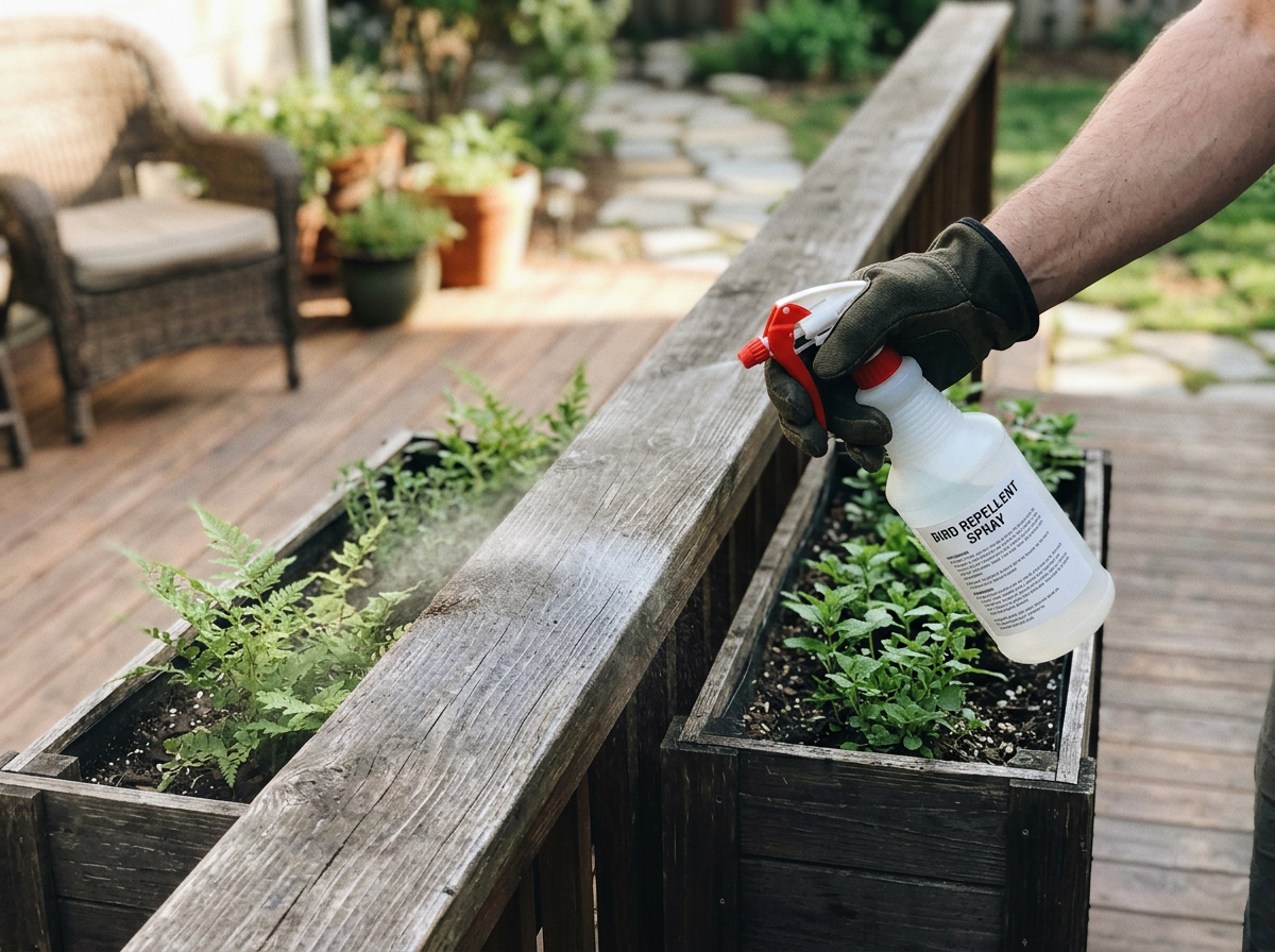 Applying repellent to a deck rail and nearby planter to deter birds