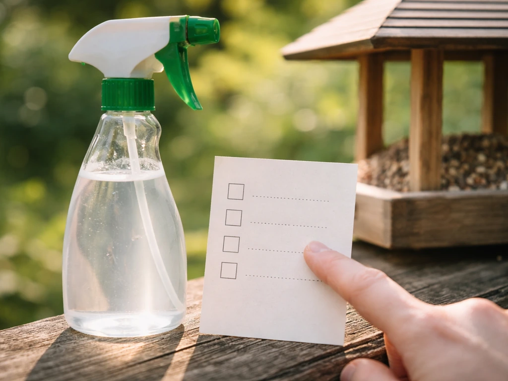 Close-up of bird-safe bug spray bottle outdoors, checked near a bird feeder with a simple label card.