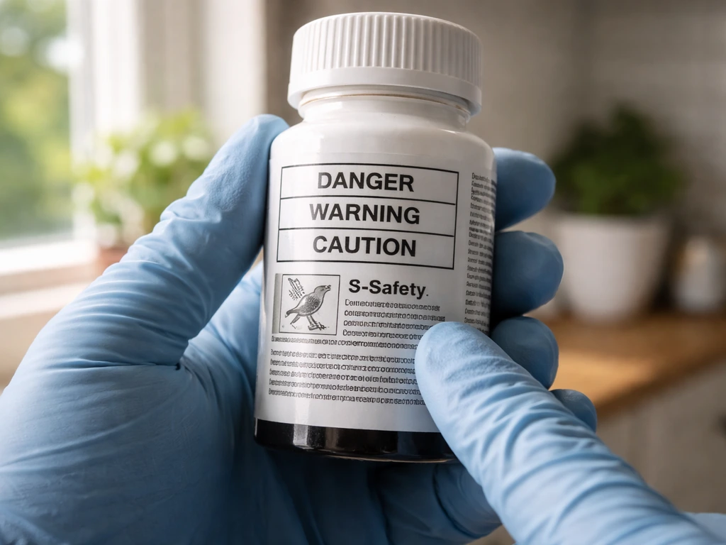 Closeup of hands reading a pesticide label, with clear signal word sections for bird safety