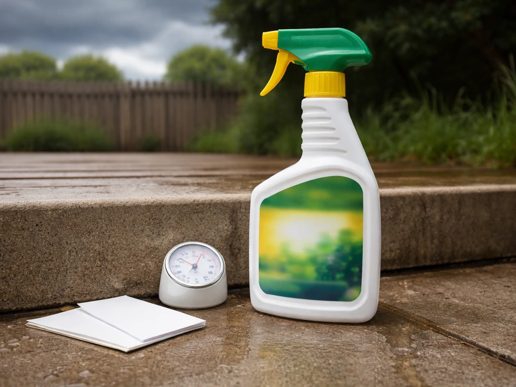 Garden spray can beside a weathered label and a dark-cloud sky, suggesting reapplication timing and rain risk.