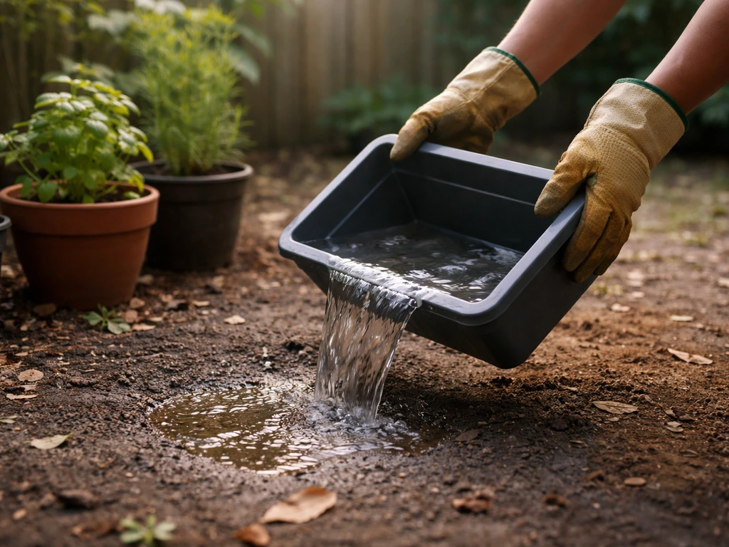 Garden worker tipping out a rainwater trough to remove standing water and stop mosquito breeding