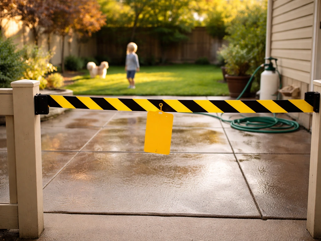 Backyard patio cordoned off with a barrier sign, pets kept inside while outdoor surfaces dry.
