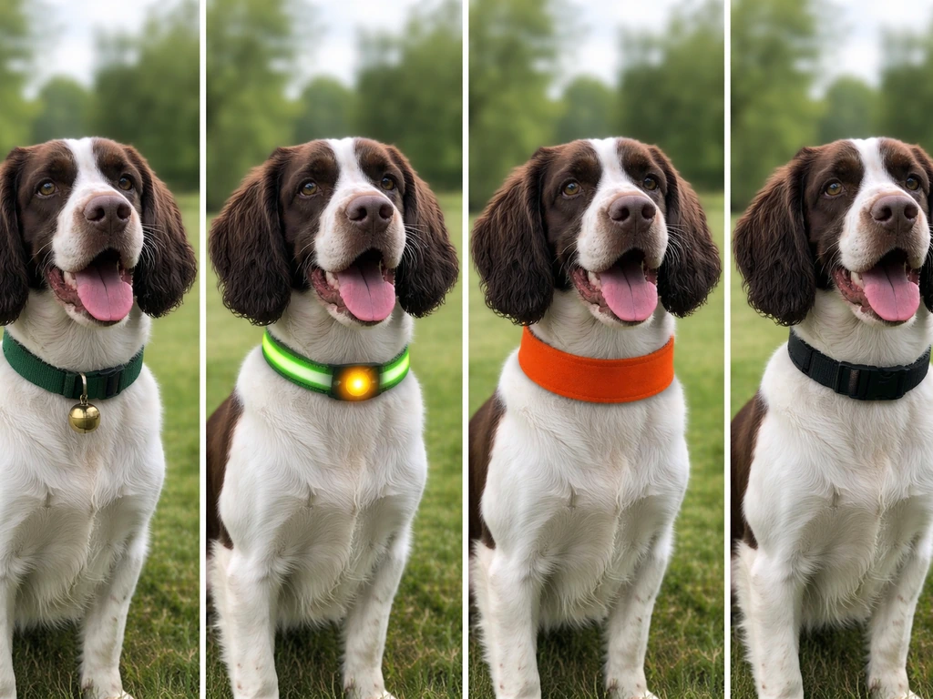 Dog collars side-by-side: bell, reflective/flashing, collar cover, and breakaway design in a quiet yard.