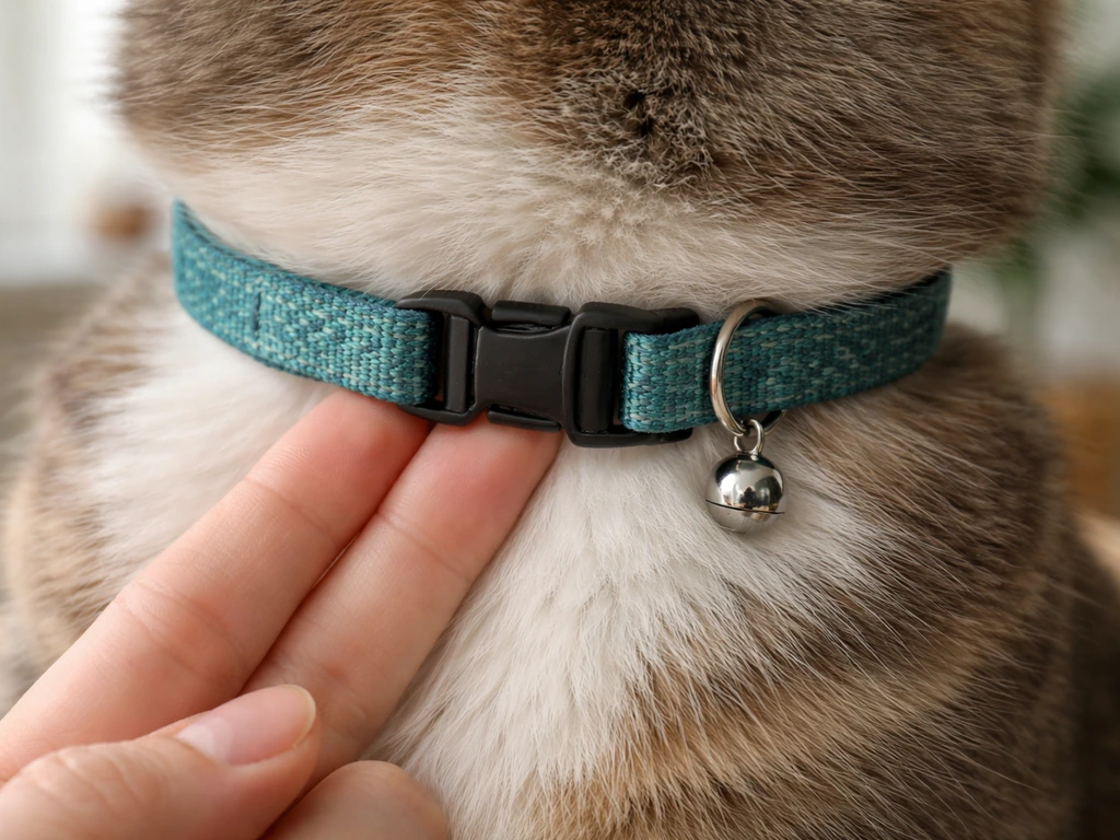 Close-up of a well-fitted cat collar with a two-finger gap and visible breakaway buckle