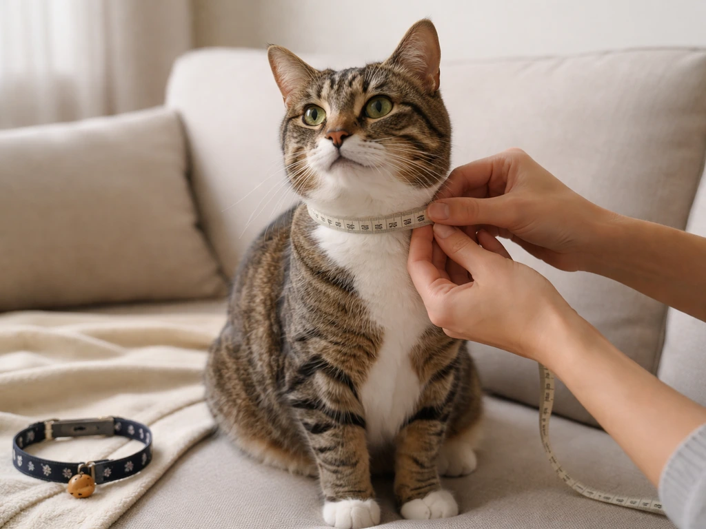 Hands measuring a cat’s neck with a soft tape measure next to a breakaway collar on a couch.