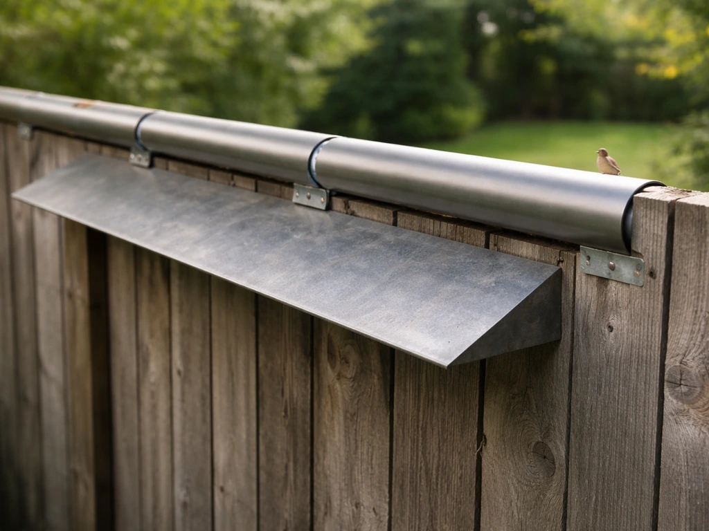 Close-up of a cat-proof fence top with a roller bar and angled overhang, birds can still enter the yard.