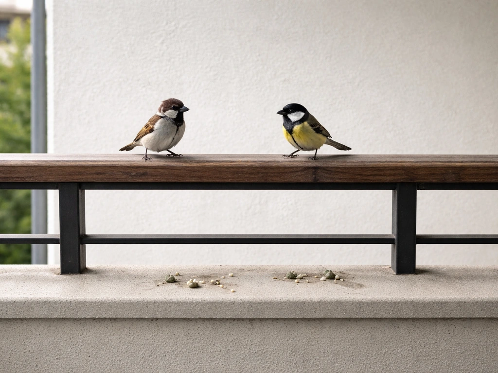 Small birds perched on a balcony railing with a few droppings on the ledge.