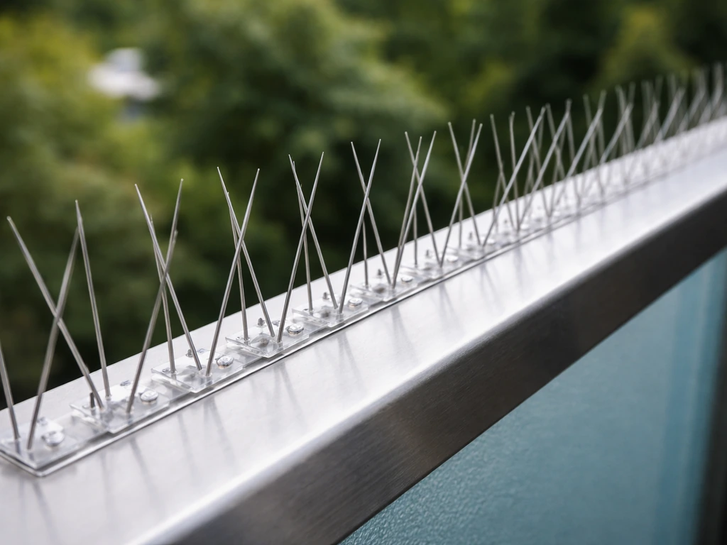 Close-up of stainless steel bird spikes aligned along the top edge of a railing.
