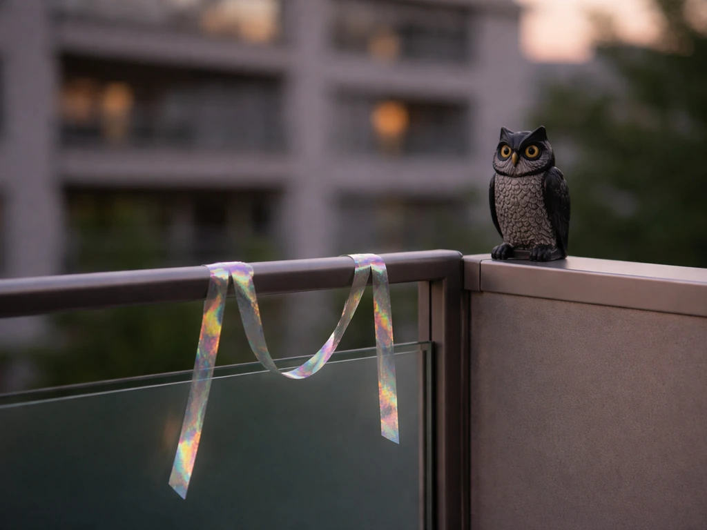 Reflective tape and a small predator decoy placed on a balcony corner to deter birds.