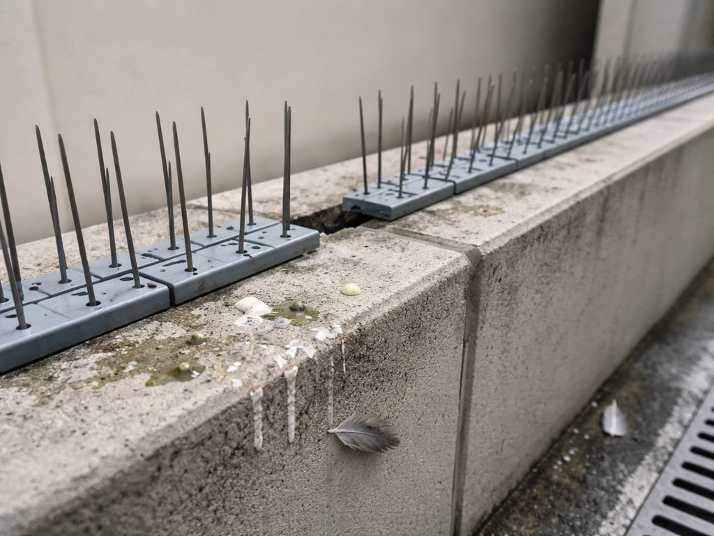 Bird spikes on a ledge with a visible uncovered gap and fresh droppings nearby, indicating they’re not working
