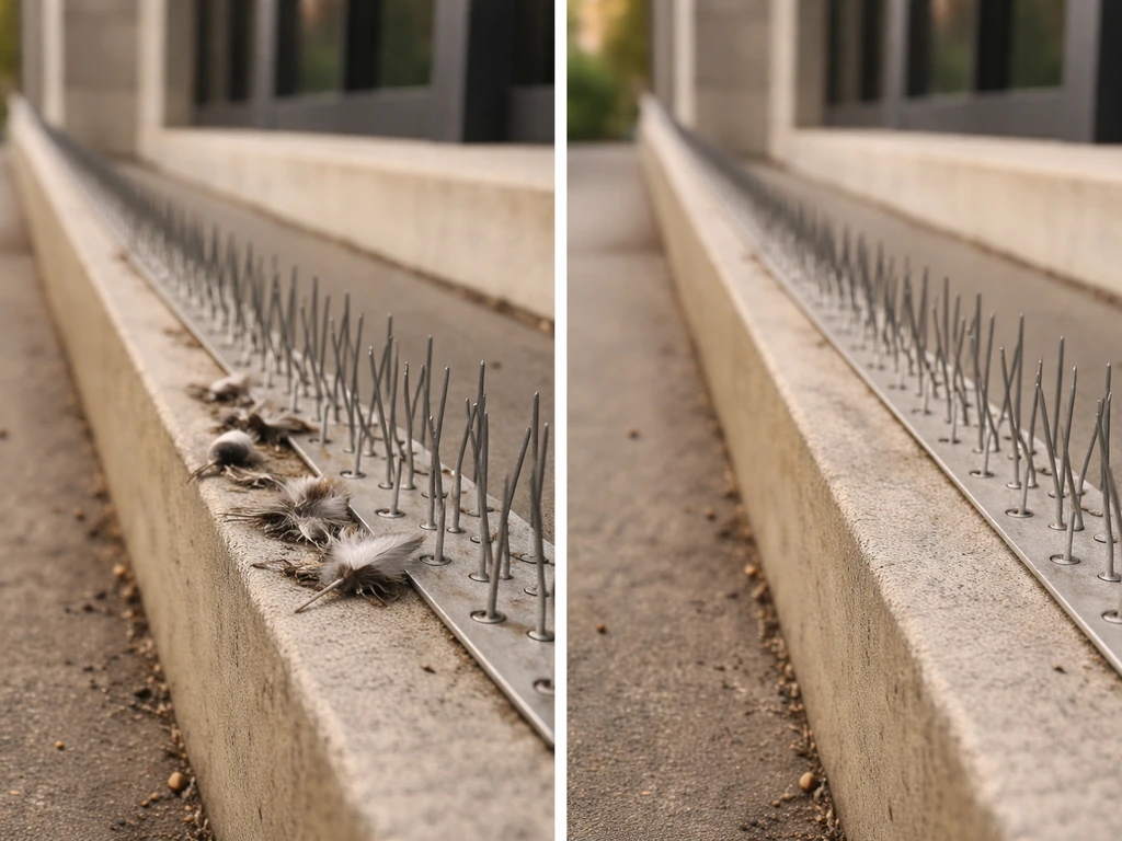 Outdoor ledge showing bird droppings and feathers beside failing spike strips, with a cleaner side for contrast.