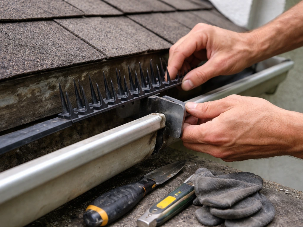 Hand tools and spike strip being repositioned at a gutter edge to close an end gap on a ledge.