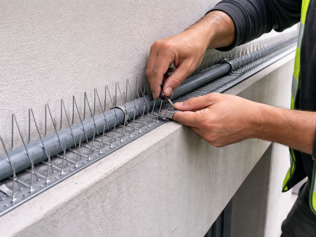 Close-up of a worker repositioning spike strips over exposed pipes to prevent gaps for safe coverage.