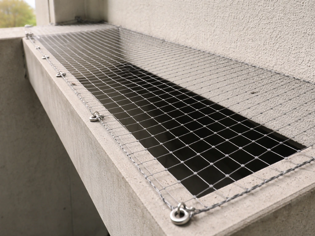 Close view of tight bird netting anchored over a building ledge, blocking access to an open void.