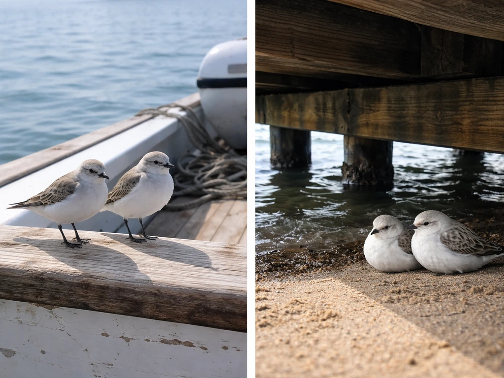 Two-part photo: birds perched on a boat rail versus birds under a dock structure, calm water background.
