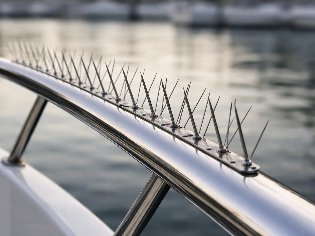Close-up of stainless steel bird spikes mounted on a boat rail with a soft harbor background