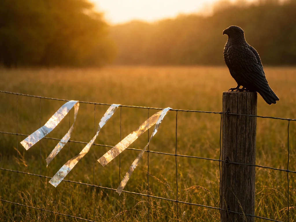 Reflective tape and a hawk-style silhouette decoy on a fence line, with a simple outdoor bird-deterrent setup.