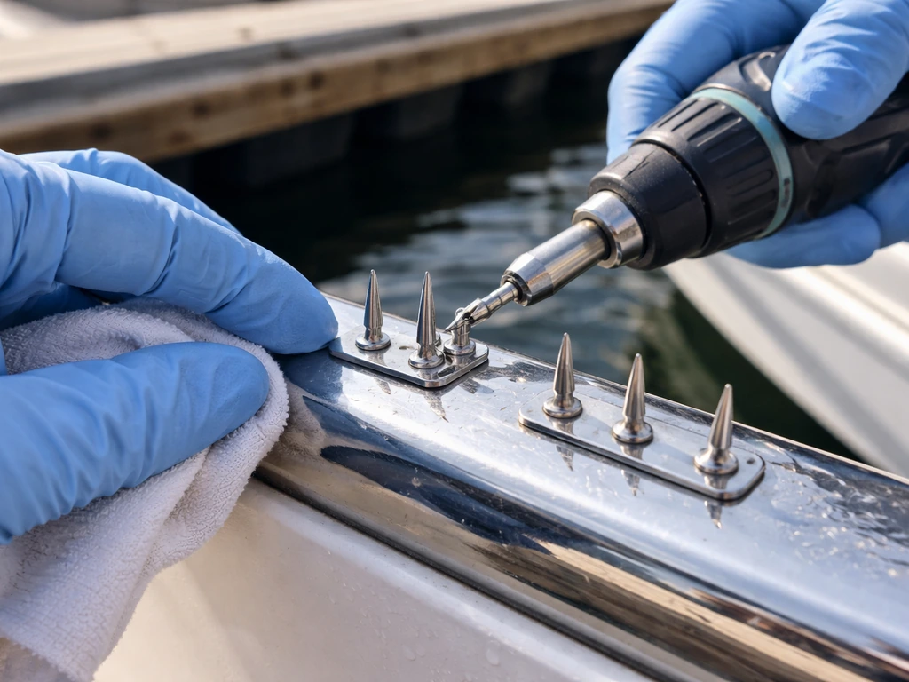Close-up of hands fastening anti-slip spikes onto a boat rail after cleaning the metal surface