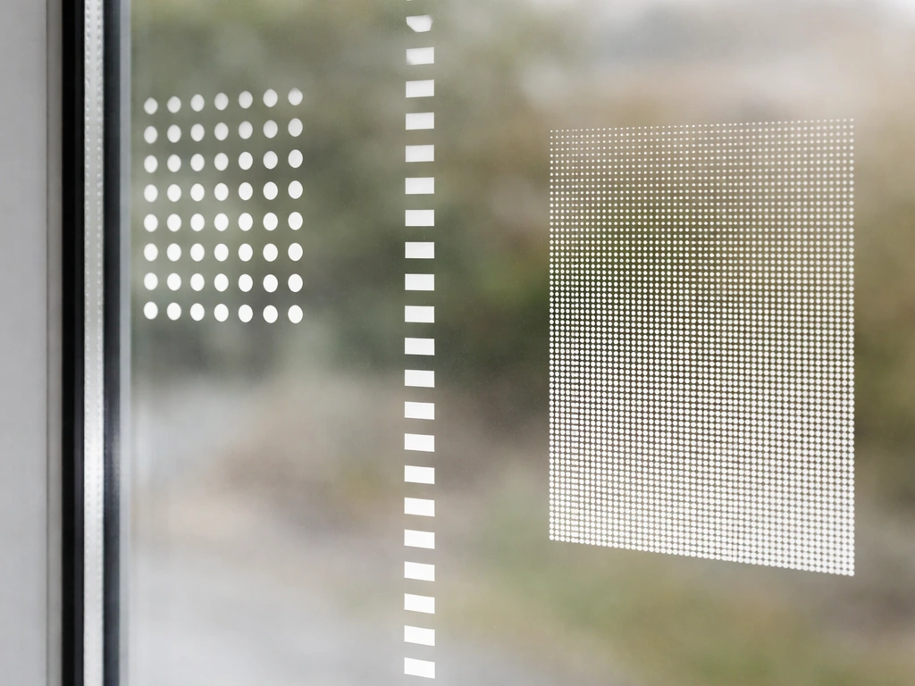 Close-up of three different bird-window sticker types on glass showing different opacity and spacing.