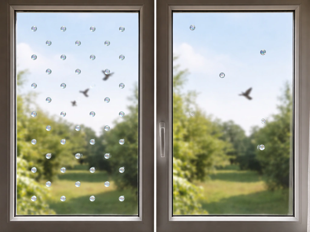 Window with bird stickers: dense direct-light placement on one side vs sparse/wrong-angle on the other.