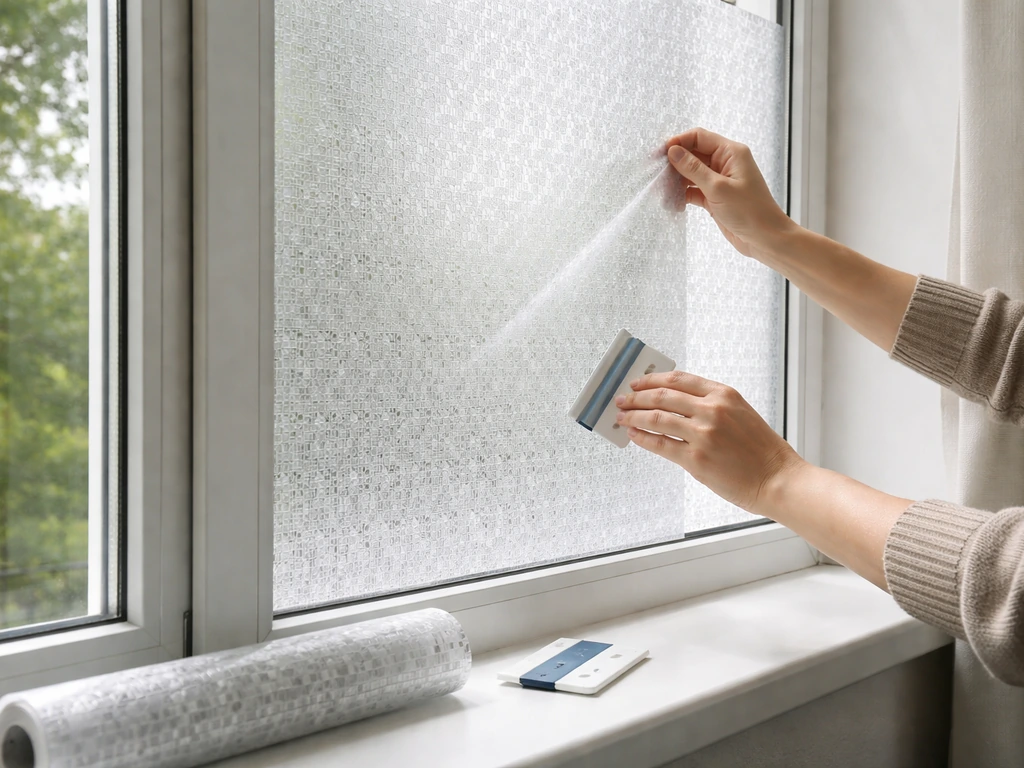 Hands applying patterned window film to a glass window in natural daylight to reduce bird strikes.