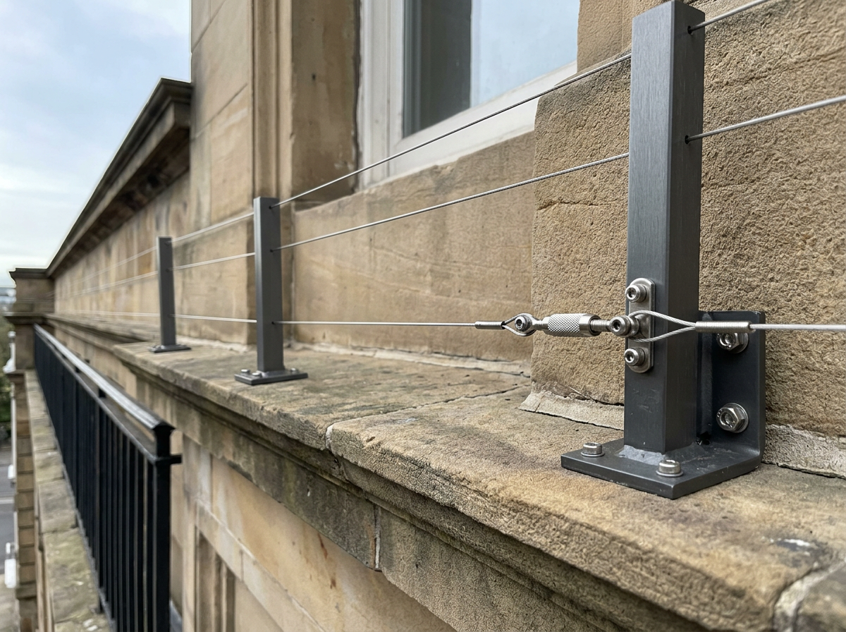 Tensioned wire and posts installed as a low-profile bird deterrent