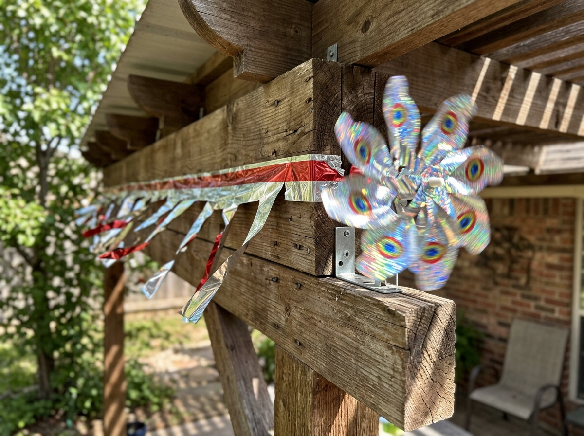 Rotating visual deterrent and reflective tape showing movement and flashing light