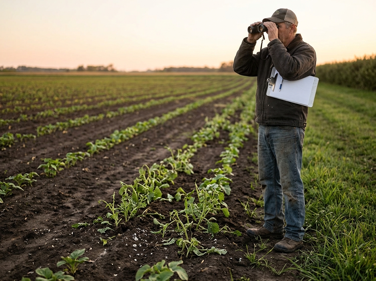 Binocular inspection of a damaged crop to identify the problem bird species
