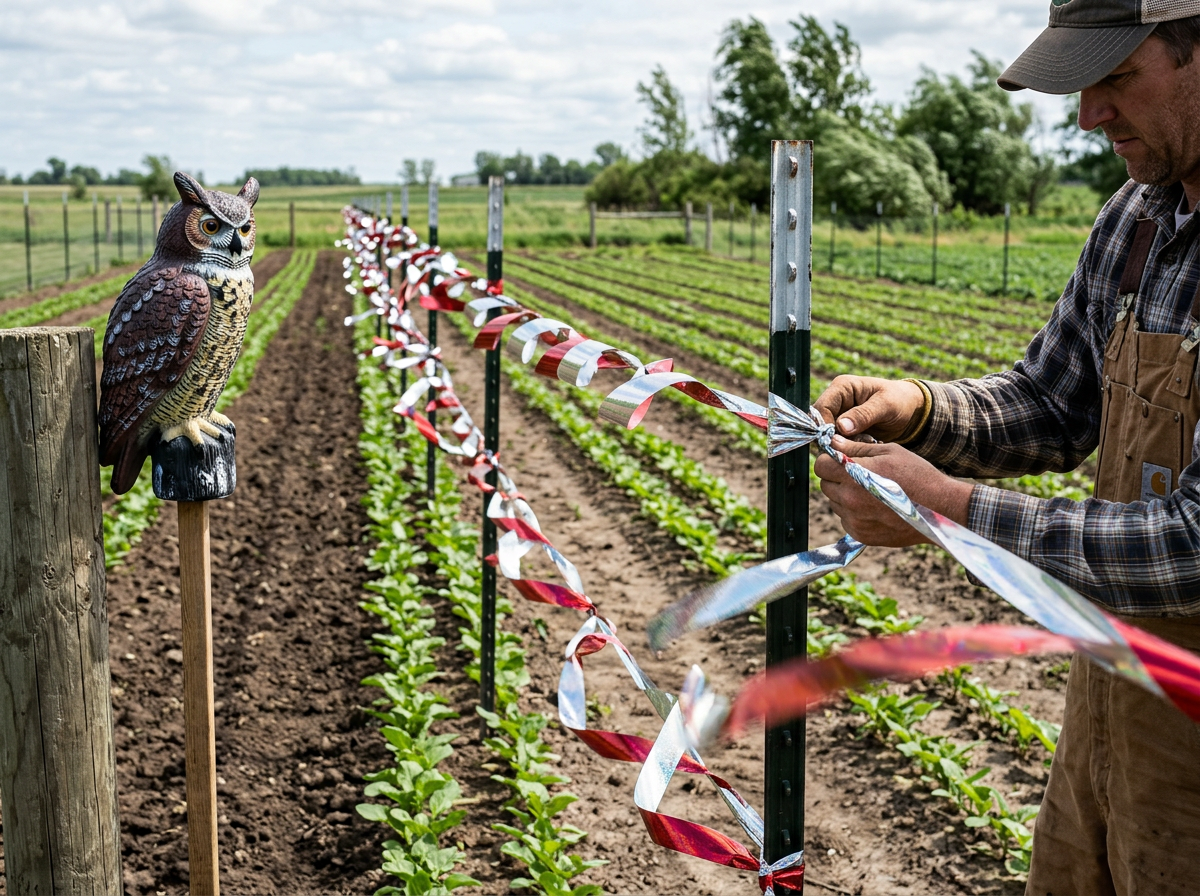 Reflective tape and a predator decoy set along crop rows to deter birds
