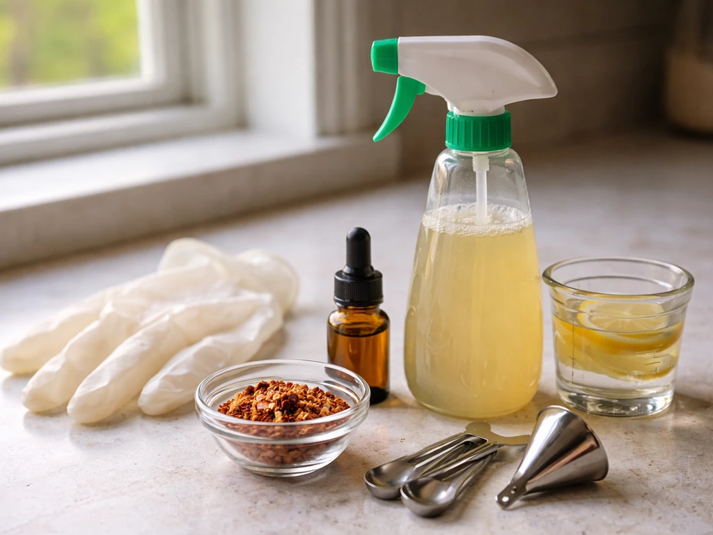 Kitchen counter DIY setup with a spray bottle and ingredients for a homemade bird repellent mixture.