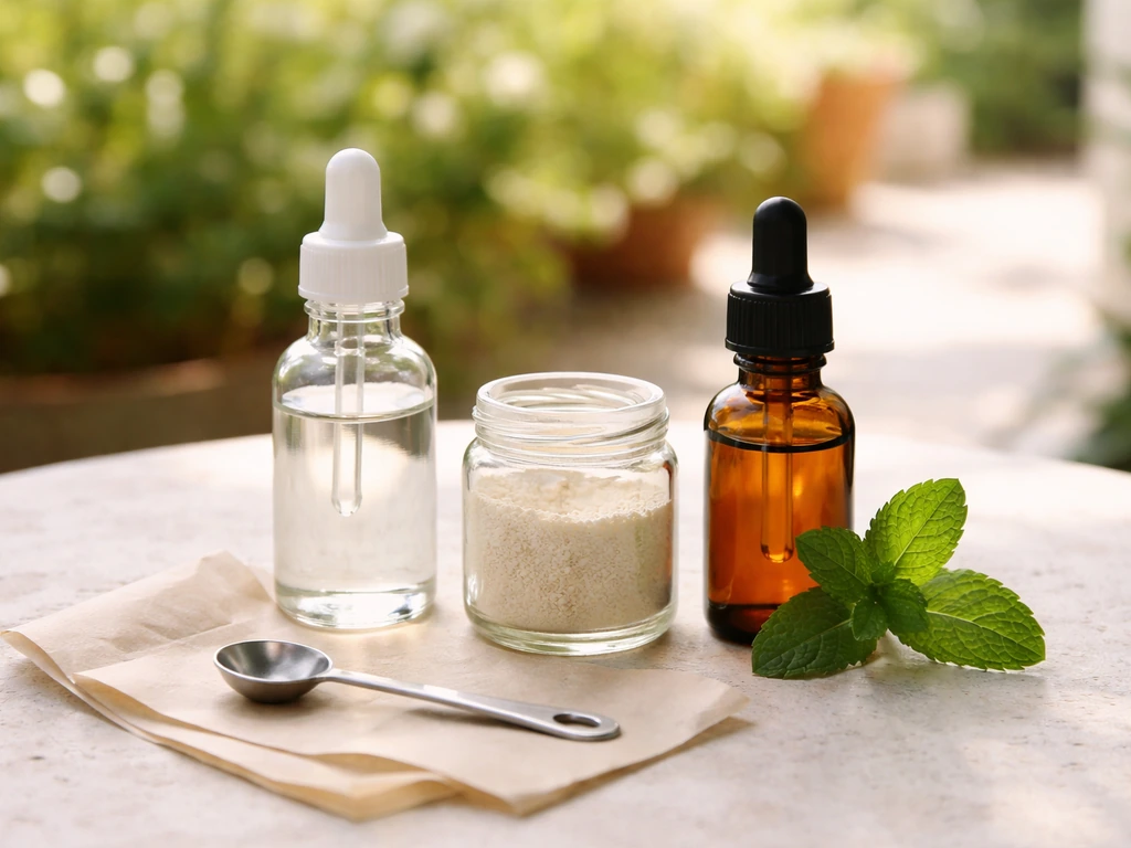 Small, unlabeled bottles and jars of bird-repellent ingredients on a sunlit patio table with mint nearby.