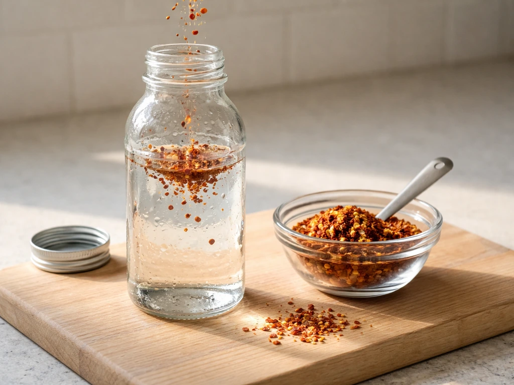 Red pepper flakes being mixed into water in a glass bottle for DIY hot pepper spray.
