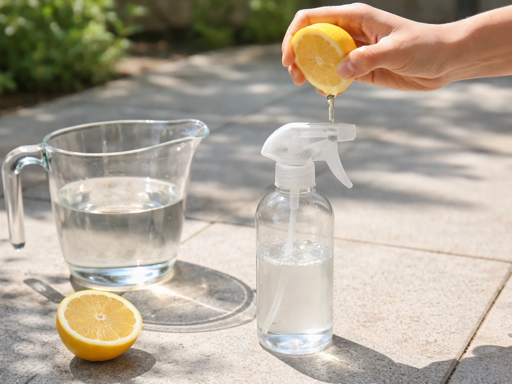 White vinegar poured and citrus juice added into a spray bottle on a patio in natural light.