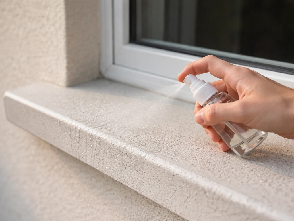 Hand sprays a thin mist on an exterior window sill ledge, with window glass left dry.