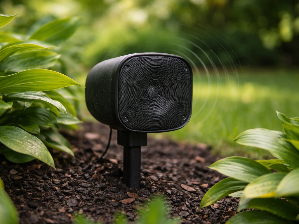 Outdoor speaker in a garden playing bird call sounds near lush plants