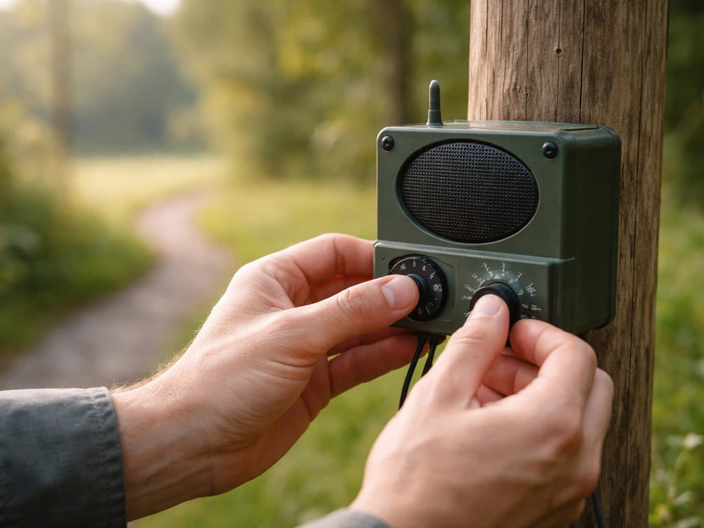Close-up of hands adjusting a mounted outdoor bird-call speaker and timer dial