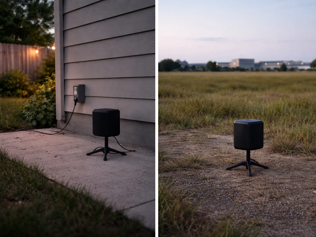Two-panel scene showing backyard patio vs open field, each with an unobtrusive animal-sound device setup.