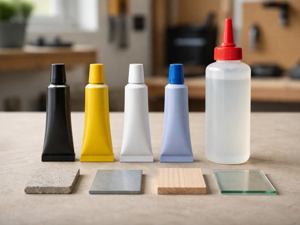 Four adhesive products side-by-side on a workbench with concrete, metal, wood, and glass samples.